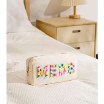 uekeboag Personalized Chenille Letter Patch MEDS Bag,Cute Nylon Drug Medicine Travel Makeup Bag with Zipper, Preppy Vitamin Organizer Bag for Women and Girls (01Beige-Rainbow)