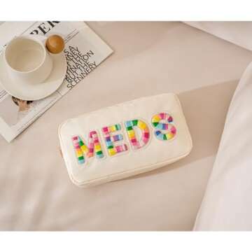 uekeboag Personalized Chenille Letter Patch MEDS Bag,Cute Nylon Drug Medicine Travel Makeup Bag with Zipper, Preppy Vitamin Organizer Bag for Women and Girls (01Beige-Rainbow)