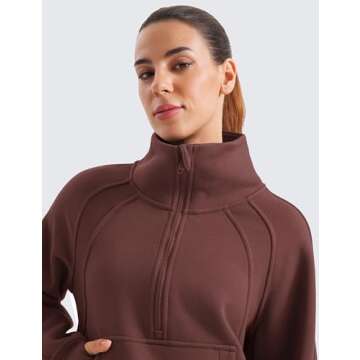 CRZ YOGA Womens Fleece Lined Half Zipper Sweatshirts Funnel Neck Long Sleeve Oversized Pullover Hoodies with Thumb Holes Taupe X-Large