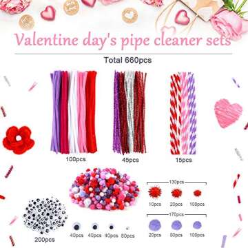 Caydo 660 Valentine Day Pipe Cleaners Sets, Including 160PCS Pipe Cleaners, 300PCS 4 Size Pom Poms a...