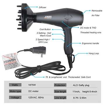 INRI 1875W Negative Ions Salon Hair Dryer, Professional DC Motor Air Blower with Concentrator & Diffuser, 3 Heat 2 Speed with Cool Shot Button, Light Weight Low Noise Hair Blow Dryers, Black