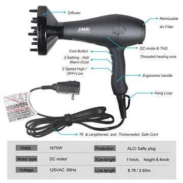INRI 1875W Negative Ions Salon Hair Dryer, Professional DC Motor Air Blower with Concentrator & Diffuser, 3 Heat 2 Speed with Cool Shot Button, Light Weight Low Noise Hair Blow Dryers, Black