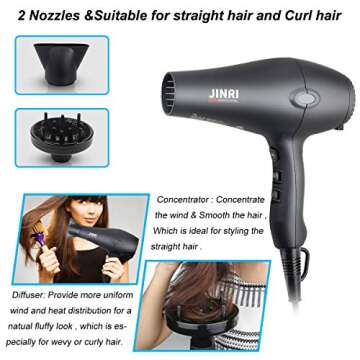 INRI 1875W Negative Ions Salon Hair Dryer, Professional DC Motor Air Blower with Concentrator & Diffuser, 3 Heat 2 Speed with Cool Shot Button, Light Weight Low Noise Hair Blow Dryers, Black