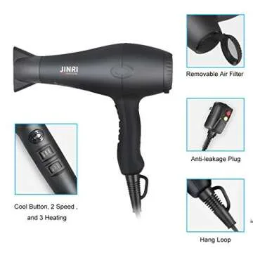 INRI 1875W Negative Ions Salon Hair Dryer, Professional DC Motor Air Blower with Concentrator & Diffuser, 3 Heat 2 Speed with Cool Shot Button, Light Weight Low Noise Hair Blow Dryers, Black