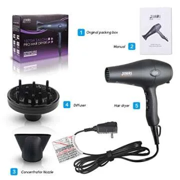 INRI 1875W Negative Ions Salon Hair Dryer, Professional DC Motor Air Blower with Concentrator & Diffuser, 3 Heat 2 Speed with Cool Shot Button, Light Weight Low Noise Hair Blow Dryers, Black