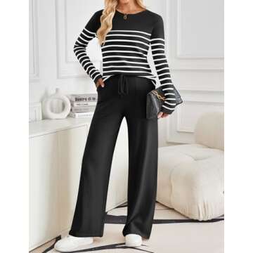 ZESICA Women's 2 Piece Lounge Sets 2025 Fall Long Sleeve Striped Knit Fitted Tops Wide Leg Pants Paj...