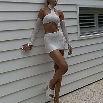 Women Sexy Halter Cutout Dress Trendy Long Sleeve Bodycon Low Cut Ruched Tie Up Print Mini Dress Par...