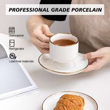 Agyiuns Tea Cups and Saucers with Gold Trim, 6.76 Ounce White Porcelain Tea Set & Coffee Cups for La...