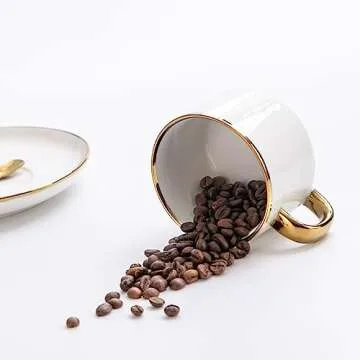 Agyiuns Tea Cups and Saucers with Gold Trim, 6.76 Ounce White Porcelain Tea Set & Coffee Cups for Latte, Cafe Mocha, Tea-Set of 4,Porcelain Mugs for Kitchen or Cafe(white and gold)