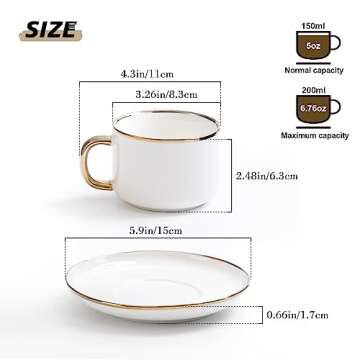 Agyiuns Tea Cups and Saucers with Gold Trim, 6.76 Ounce White Porcelain Tea Set & Coffee Cups for Latte, Cafe Mocha, Tea-Set of 4,Porcelain Mugs for Kitchen or Cafe(white and gold)