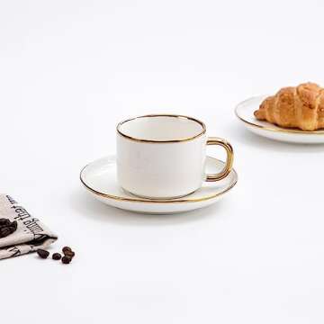 Agyiuns Tea Cups and Saucers with Gold Trim, 6.76 Ounce White Porcelain Tea Set & Coffee Cups for Latte, Cafe Mocha, Tea-Set of 4,Porcelain Mugs for Kitchen or Cafe(white and gold)