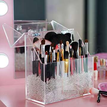 FOOCORDDY Covered Makeup Brush Holder with Dustproof Lid and Pearls Beads, Large Capacity Acrylic Clear Cosmetic Brush Storage Organizer for Vanity