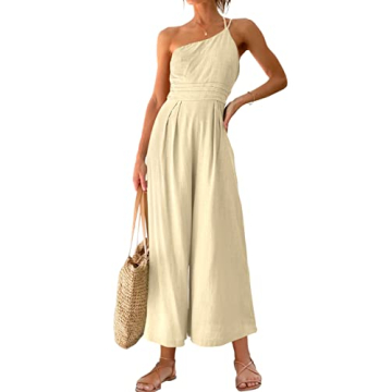 ANRABESS Women's Summer One Shoulder Pleated High Waist Jumpsuit with Pockets