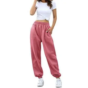 HeSaYep Women's High Waisted Sweatpants Workout Active Joggers Pants Baggy Lounge Bottoms,Pink Medium