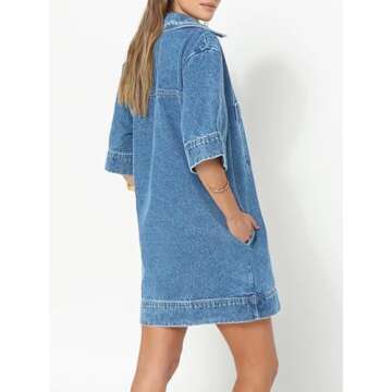 Fisoew Denim Shirt Dress Summer Collared V Neck Mini