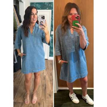 Fisoew Denim Shirt Dress Summer Collared V Neck Mini