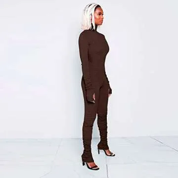 XLLAIS Women's Long Sleeve High Neck Zipper Bodycon Tight Full Length Jumpsuits Rompers One Piece Outfits Brown L