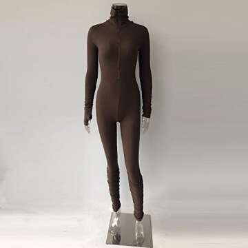 XLLAIS Women's Long Sleeve High Neck Zipper Bodycon Tight Full Length Jumpsuits Rompers One Piece Outfits Brown L