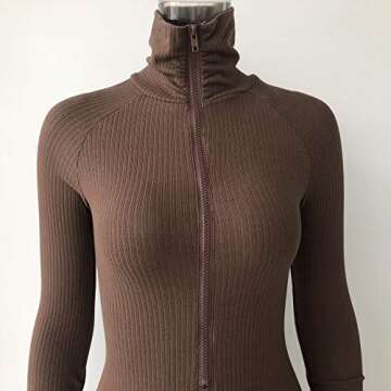 XLLAIS Women's Long Sleeve High Neck Zipper Bodycon Tight Full Length Jumpsuits Rompers One Piece Outfits Brown L