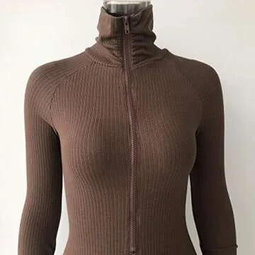 XLLAIS Women's Long Sleeve High Neck Zipper Bodycon Tight Full Length Jumpsuits Rompers One Piece Outfits Brown L