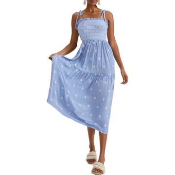 Summer Boho Maxi Dresses Sundresses for Women 2024 Floral Embroidered Tie Strap Smocked Ruffle Beach...