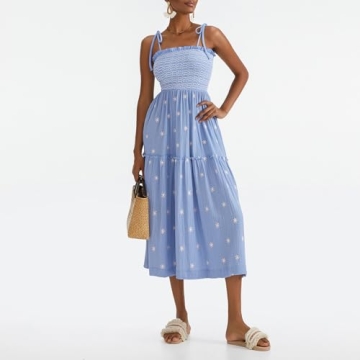 Summer Boho Maxi Dresses Sundresses for Women 2024 Floral Embroidered Tie Strap Smocked Ruffle Beach Long Dress Sky Blue