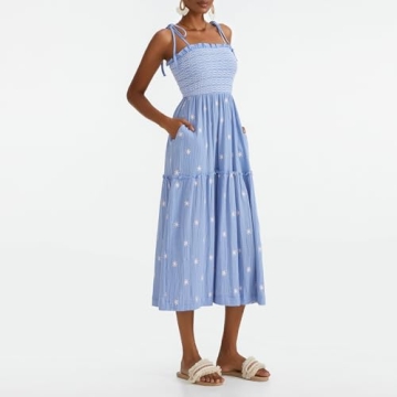 Summer Boho Maxi Dresses Sundresses for Women 2024 Floral Embroidered Tie Strap Smocked Ruffle Beach Long Dress Sky Blue