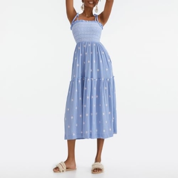 Summer Boho Maxi Dresses Sundresses for Women 2024 Floral Embroidered Tie Strap Smocked Ruffle Beach Long Dress Sky Blue