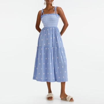Summer Boho Maxi Dresses Sundresses for Women 2024 Floral Embroidered Tie Strap Smocked Ruffle Beach Long Dress Sky Blue