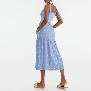 Summer Boho Maxi Dresses Sundresses for Women 2024 Floral Embroidered Tie Strap Smocked Ruffle Beach Long Dress Sky Blue