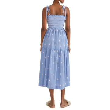 Summer Boho Maxi Dresses Sundresses for Women 2024 Floral Embroidered Tie Strap Smocked Ruffle Beach Long Dress Sky Blue