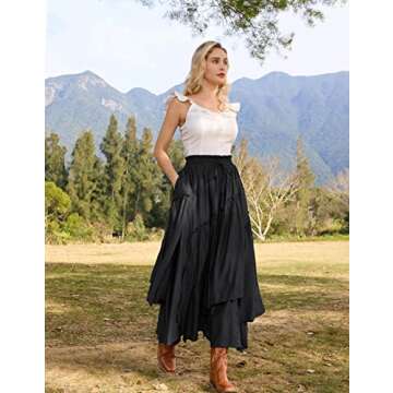 Women Long Renaissance Victorian Layered Asymmetric Skirt with Pockets Black M