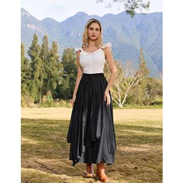 Women Long Renaissance Victorian Layered Asymmetric Skirt with Pockets Black M