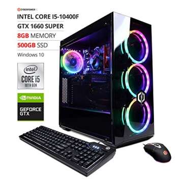 CyberpowerPC Gamer Xtreme VR Gaming PC, Intel i5-10400F 2.9GHz, GeForce GTX 1660 Super 6GB, 8GB DDR4, 500GB NVMe SSD, Wi-Fi Ready & Windows 10 Home (GXiVR8060A9)