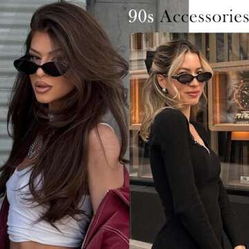 SDINM Retro 90s Oval Sunglasses for Women Vintage Small Narrow Tinted Black Sun Glasses Shades UV400 Lens