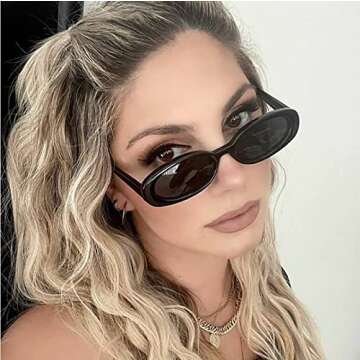 SDINM Retro 90s Oval Sunglasses for Women Vintage Small Narrow Tinted Black Sun Glasses Shades UV400 Lens