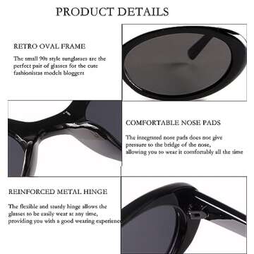 SDINM Retro 90s Oval Sunglasses for Women Vintage Small Narrow Tinted Black Sun Glasses Shades UV400 Lens