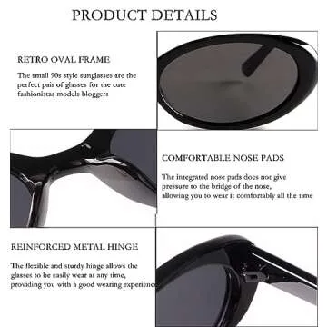 SDINM Retro 90s Oval Sunglasses for Women Vintage Small Narrow Tinted Black Sun Glasses Shades UV400 Lens