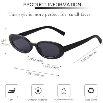 SDINM Retro 90s Oval Sunglasses for Women Vintage Small Narrow Tinted Black Sun Glasses Shades UV400 Lens