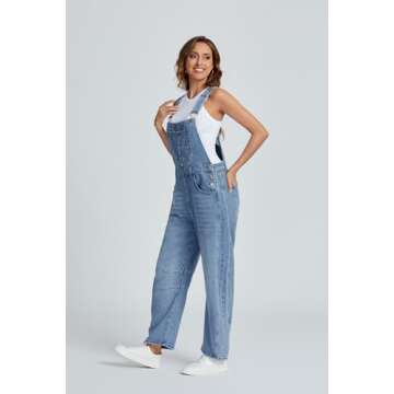 Ladyful Women's Denim Overall Casual Straight Wide Leg Bib Jeans Overall Adjustable Straps Denim Stretch Jumpsuits