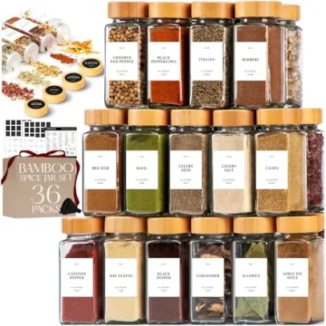 FINESSY Glass Spice Jars with Bamboo Lids - 36 Pack Set for Kitchen Organization and Style