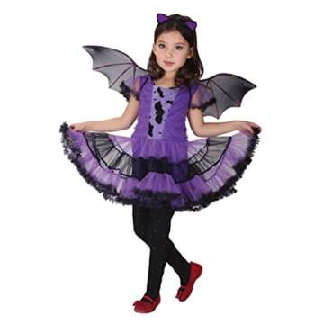 DNQCOS Girls Bat Halloween Costume Witch Cosplay Costume Tutu Dress Set for Kids (4-6X, Bat Purple)