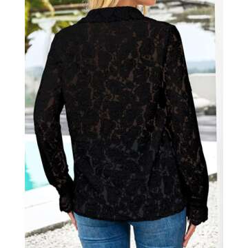 BTFBM Long Sleeve Lace Blouses for Women 2025 Spring Dressy Casual Button Down Shirts Date Night Outfit Club Party Tops(Black, Small)