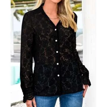 BTFBM Long Sleeve Lace Blouses for Women 2025 Spring Dressy Casual Button Down Shirts Date Night Outfit Club Party Tops(Black, Small)