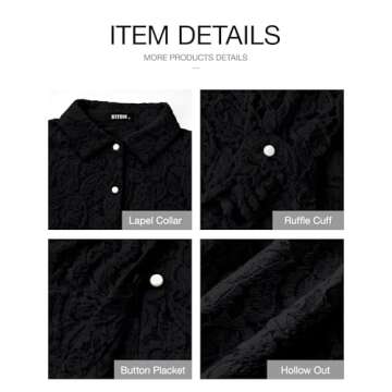 BTFBM Long Sleeve Lace Blouses for Women 2025 Spring Dressy Casual Button Down Shirts Date Night Outfit Club Party Tops(Black, Small)