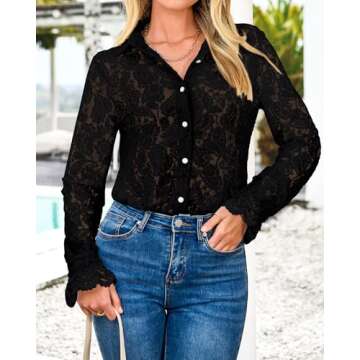 BTFBM Long Sleeve Lace Blouses for Women 2025 Spring Dressy Casual Button Down Shirts Date Night Outfit Club Party Tops(Black, Small)