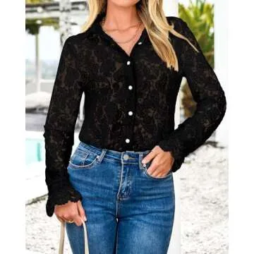 BTFBM Long Sleeve Lace Blouses for Women 2025 Spring Dressy Casual Button Down Shirts Date Night Outfit Club Party Tops(Black, Small)