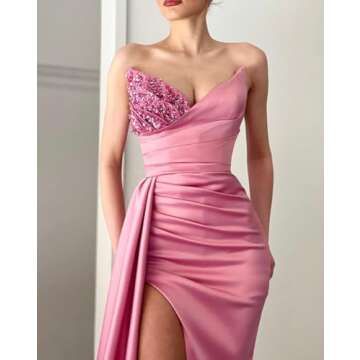 Strapless Mermaid Prom Dresses 2024 Sequin Beaded Satin Long Slit Evening Gowns for Women Bridesmaid...