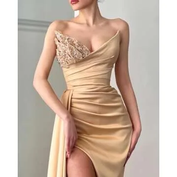 Strapless Mermaid Prom Dresses 2024 Sequin Beaded Satin Long Slit Evening Gowns for Women Bridesmaid Dresses Black