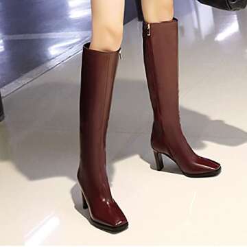 SHEMEE Women's Square Toe Chunky Heeled Knee High Boots Block Heels Tall Boot with Side Zipper(Burgundy, us 6)